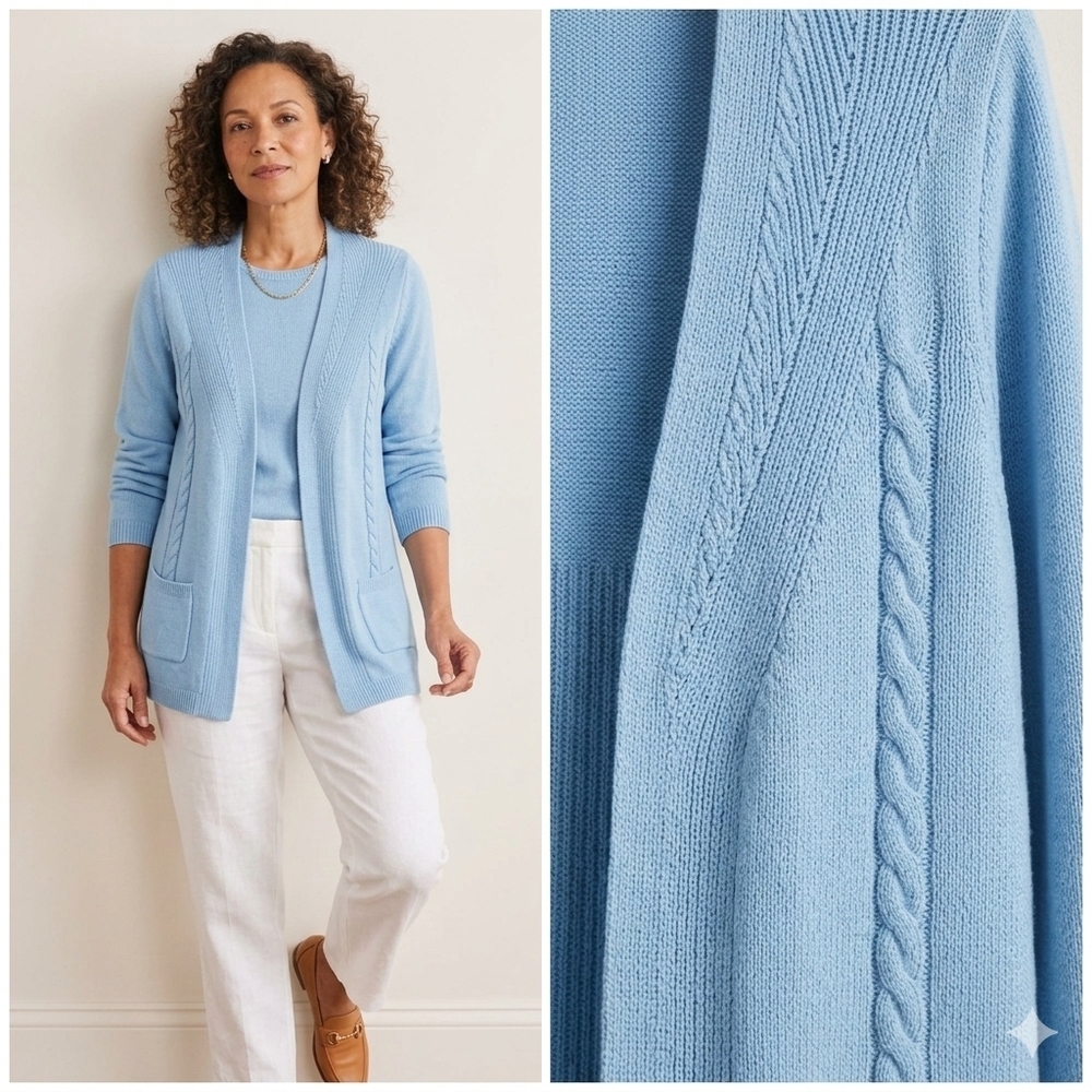 Talbots Petite Blue 100% Cotton Cable Knit Open Front Cardigan Sweater Pockets - Picture 1 of 7
